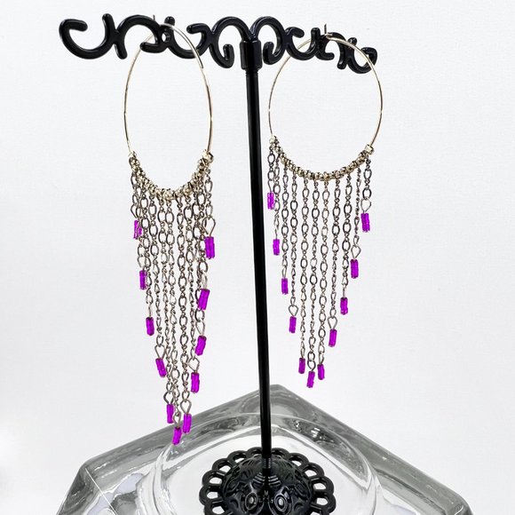 NWT - Haskell - Large Gold Tone Hoop Pink Beaded Chain Dangle Earrings - Picture 2 of 8